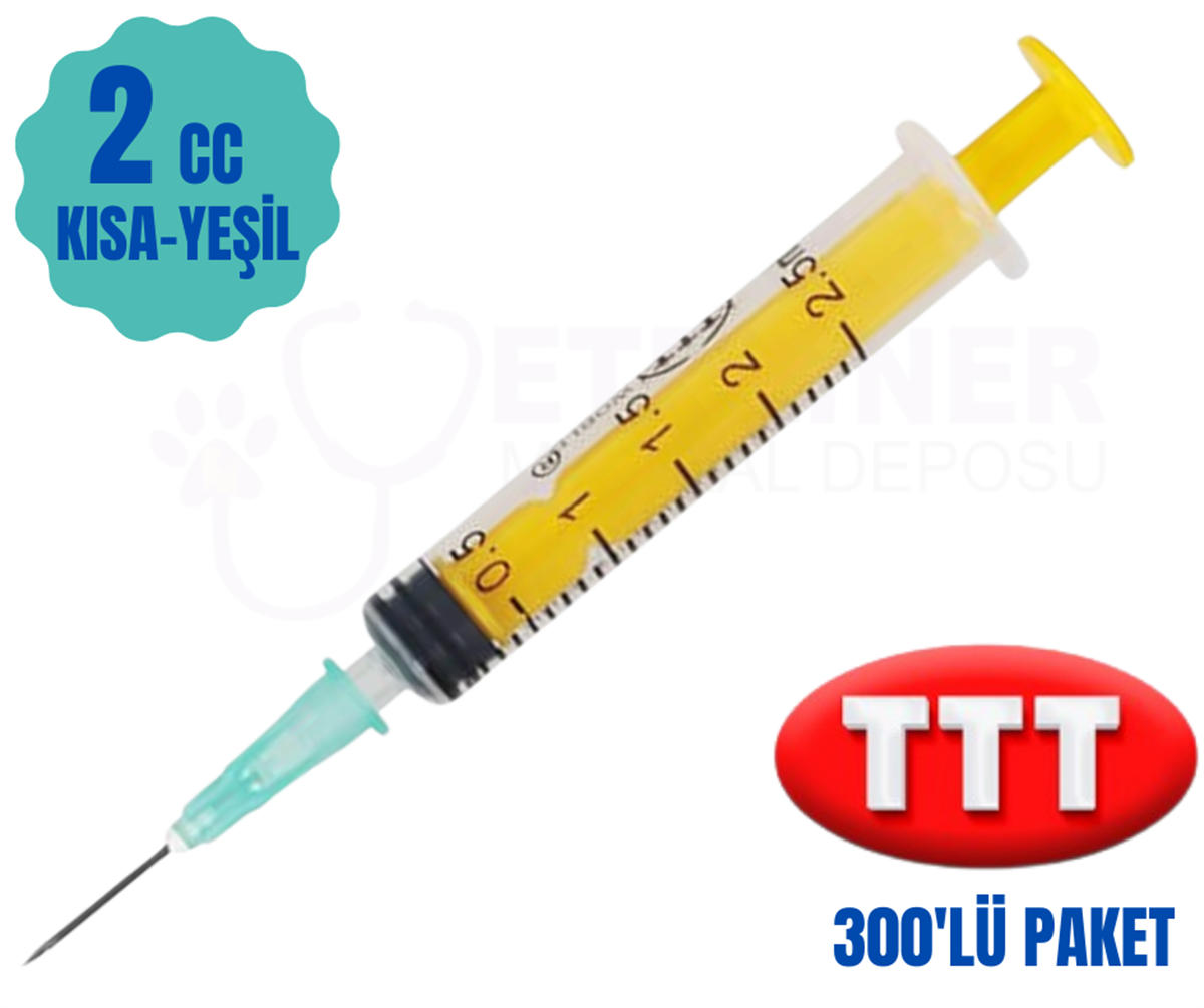TTT 2 CC 3 Parça (Contalı) Kısa yeşil Uçlu Enjektör 300 lü Paket