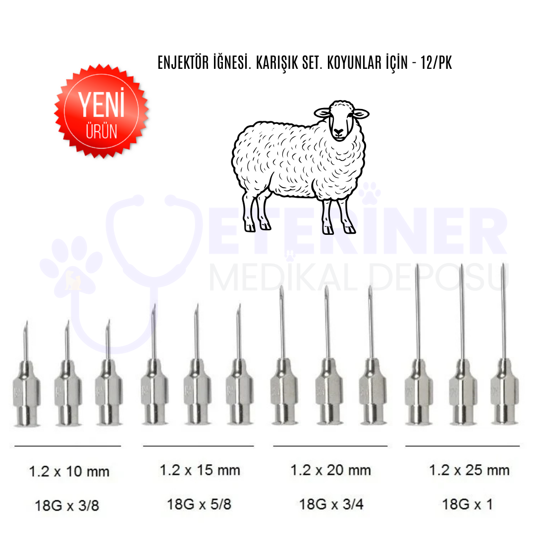 ''Enjektör İğnesi. Karışık Set. Koyunlar İçin - 12/pk ''