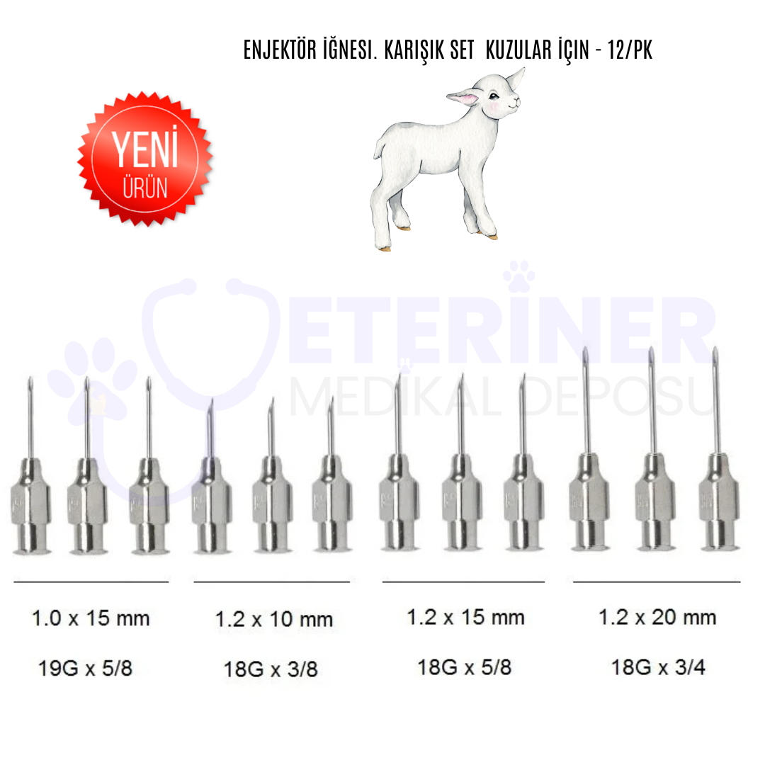 ''Enjektör İğnesi. Karışık Set  Kuzular İçin - 12/pk ''